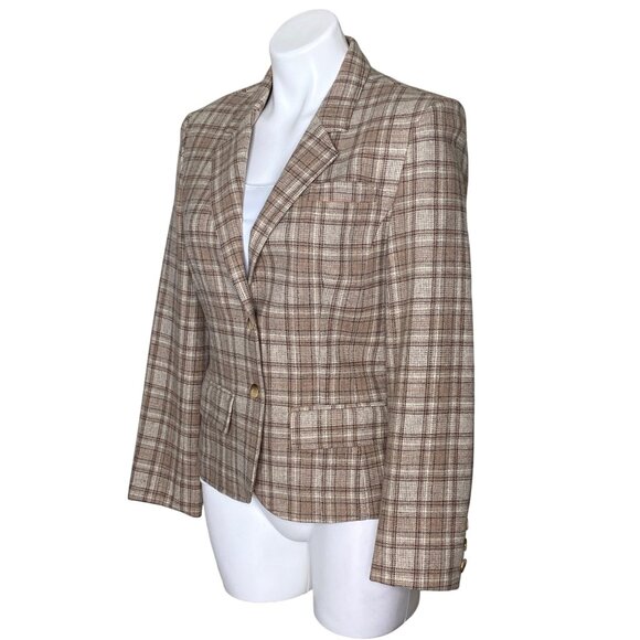 Pendleton Vintage Beige Plaid 100% Virgin Wool Blazer, Long Sleeves Women's 10 - Picture 7 of 9